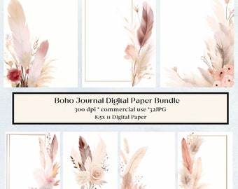 32 Boho Journal Digital Paper, Magical background, Feather Collage Printable, Floral Junk Journal Paper, Wedding Invite, Watercolor Boho