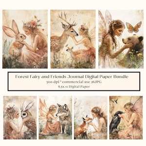 26 Wald Fee und Tier Digital Papier, Aquarell Wald druckbare Seiten, Tiere Papier Kit, Digital Collage Sheet, süße Baby Wildtiere