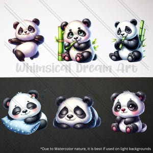 May include: A collection of six adorable panda bear illustrations. Each panda is depicted in a different pose, with black and white fur, and some are holding bamboo. The text "Whimsical Dream Art" is visible.