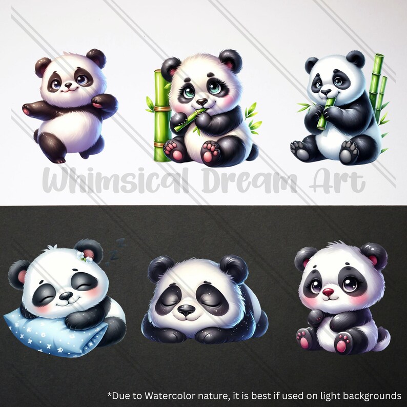 May include: A collection of six adorable panda bear illustrations. Each panda is depicted in a different pose, with black and white fur, and some are holding bamboo. The text "Whimsical Dream Art" is visible.