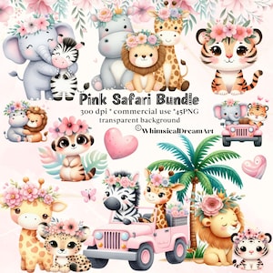 45 bundle PNG di clipart animali Safari rosa acquerello, cucciolo di animale, festa di compleanno della ragazza, sfondo trasparente, download digitale, fiori