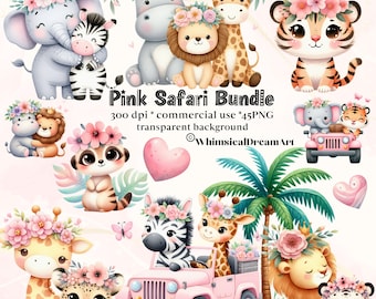 45 Watercolor Pink Safari Animal Clipart PNG Bundle, Baby Animal, Girl Birthday Party, Transparent Background, Digital Download, Flowers