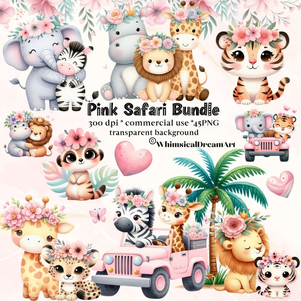 45 Watercolor Pink Safari Animal Clipart PNG Bundle, Baby Animal, Girl Birthday Party, Transparent Background, Digital Download, Flowers