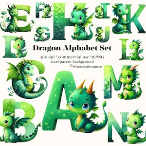 Letras decorativas de imágenes prediseñadas de dragón verde, conjunto de alfabeto en mayúsculas, fuente de fantasía, tarjetas de personalización de sublimación Png, taza de arte, invitaciones para niños