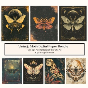 May include: A digital paper bundle featuring six vintage illustrations of moths with intricate details. Each design features a moth with a crescent moon and stars on a dark background. The text "Vintage Moth Digital Paper Bundle" is displayed at the top of the image.