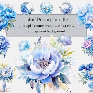 24 Aquarell Blaue Pfingstrose Clipart - Pfingstrosen in PNG, Floral Clip Art, digitales Aquarell, kommerzielle Nutzung, Scrapbooking, Grün, Zimmerpflanze