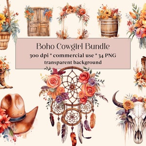 34 Aquarell Western Boho Clipart - Cowgirl Blumen Hochzeit PNG-Format, Blumen Frühling, Kuhschädel, Traumfänger, Federn, Hirschschädel, Bouquet