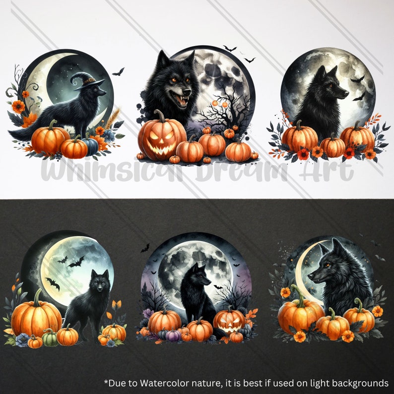 Wolves Pumpkins 12 Watercolor Halloween Wolf Collection Clipart, PNG Halloween, Black ...