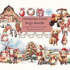 53 Kerstboerderijdieren Clipart Aquarelbundel, Commercieel gebruik, Transparante PNGs, Winter, Schattig boerenerf, schattige kip, koe, paarden, kat