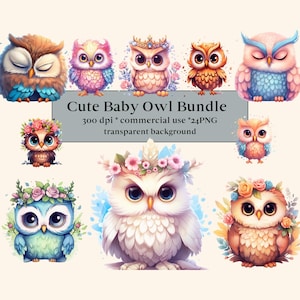 24 PNG niedliche Baby-Eulen, druckbare digitale Bilder, Basteln, Vogel mit Blumen Kinderzimmer, druckbare Kunst, Magic Junk Journal