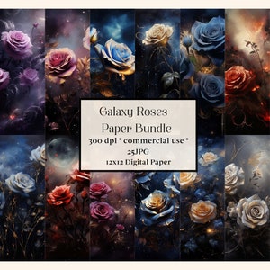 Papel de diario romántico Galaxy Rose, 25 hojas, caída estrellada, celestial oscuro, papel digital, diario basura de fantasía rococó, acuarela, diseños de álbumes de recortes
