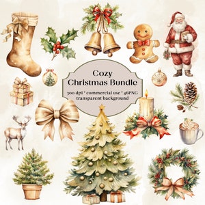 46 Comfort Christmas Acquerello Clipart Bundle, Accogliente Clipart di Natale, Cream Christmas PNG, Boho Christmas Clipart, Uso commerciale, Festivo