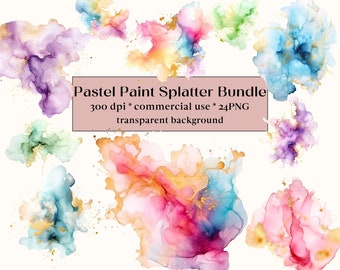 May include: A set of 24 digital watercolor paint splatters in pastel colors with gold accents. The splatters are on a transparent background and are 300 dpi.