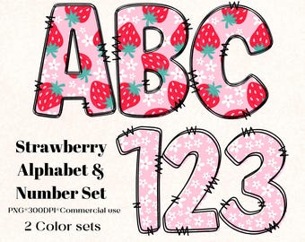 May include: A digital design featuring the letters "ABC" and numbers "123". The letters and numbers are filled with a pink strawberry pattern and outlined in black. The text "Strawberry Alphabet & Number Set" is also included.
