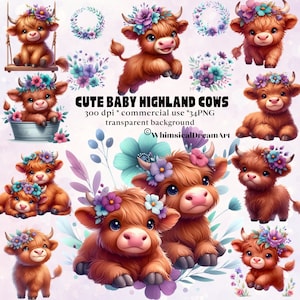 34 schattige Highland koe en bloem PNG collectie, koe kwekerij, zoete koe kunst aan de muur, kinderkamer kunst aan de muur, babydieren, aquarel clipart, paars