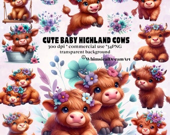 May include: A set of 10 digital clipart images featuring cute baby Highland cows with floral crowns. The cows are brown and white with fluffy fur. The flowers are in shades of pink, purple, and blue. The images are 300 dpi and have a transparent background.  "Cute Baby Highland Cows" and "WhimsicalDreamArt" are written in the image.