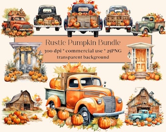 Puede incluir: Un paquete digital de clipart de 25 ilustraciones de acuarela con elementos rústicos de otoño. Las ilustraciones incluyen calabazas, hojas de otoño, graneros y camiones vintage. Las ilustraciones son perfectas para crear manualidades, tarjetas y otros proyectos con temática otoñal.