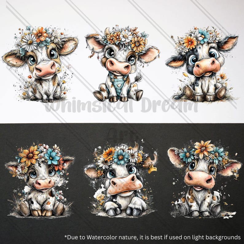31 PNG Cow Clipart Floral Illustration, Watercolor Baby Farm Animal ...