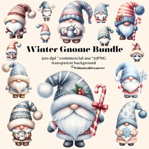 27 Colección PNG de gnomos de invierno, imágenes prediseñadas de la colección de gnomos festivos de acuarela, Navidad, imágenes prediseñadas de fantasía, uso comercial de bastón de caramelo navideño
