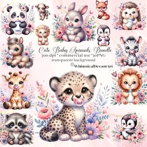 30 acquerello carino bambino animale Clipart, animali Png, immagini del bambino, pacchetto Clipart, sfondo trasparente, download digitale, floreale, fiori