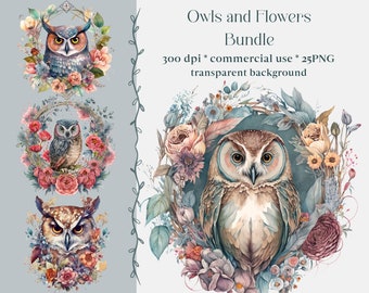 25 PNG Floral Mystical Owls, Printable Digital Image Bundle, Owl Digital Crafting Bundle, Paper Crafts, Printable Art, Magic Junk Journal