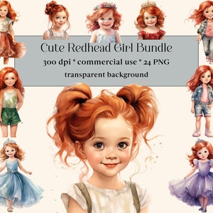 24 PNG Lindo paquete de acuarela de chicas pelirrojas, Little Ginger Girl PNG Clipart, niños vintage, coleta, vestidos de princesa, niño jugando, feliz