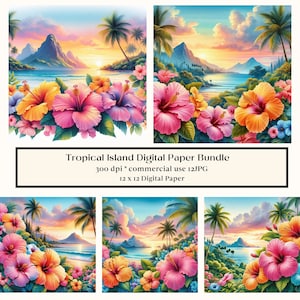 12 Tropical Island Papier Bündel, Aquarell Hawaiianische Ansichten, Scrapbook Seiten, bedruckbar, Sofort download, Tropischer Sonnenuntergang Kunst Hintergrund