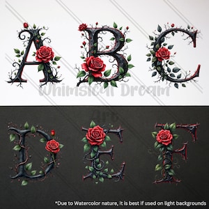 Dark Fantasy Rose Alphabet Clipart, Gothic Floral Letters A to Z Monogram Romantic Botanical Letters Stickers Wedding,Uppercase Alphabet Set image 2