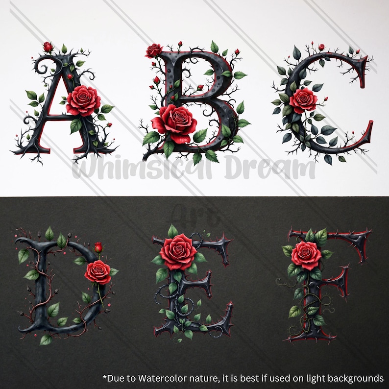 Dark Fantasy Rose Alphabet Clipart, Gothic Floral Letters A to Z Monogram Romantic Botanical Letters Stickers Wedding,Uppercase Alphabet Set image 2