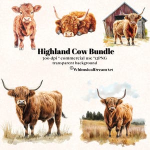 Könnte beinhalten: Ein Aquarell-Paket mit Highland-Rindern in verschiedenen Posen. Die Bilder zeigen die Kühe in Braun- und Beigetönen, mit langem, zotteligem Fell und großen Hörnern. Einige Kühe stehen, andere liegen. Der Text "Highland Cow Bundle" ist ebenfalls enthalten.
