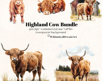 12 Watercolor Highland Cow Animal Collection Clipart, PNG Realistic Animals Clipart, Cute Animal, Animal Bundle, Commercial Use, Farm