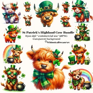 28 Paquete de imágenes prediseñadas de acuarela de San Patricio Highland Cow, flor de jardín, imágenes prediseñadas de trébol, día de San Patricio imprimible, artesanías, trébol de 4 hojas