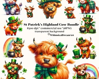 28 Watercolor St. Patrick's Highland Cow clipart bundle, Garden Flower, Shamrock clipart, St. Patrick's Day printable, crafts, 4-leaf clover