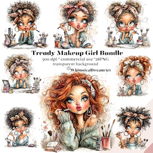 May include: A digital art bundle featuring illustrations of trendy makeup girls. Each girl is depicted with large eyes, curly hair, and a headband, applying makeup. The image includes text that reads "Trendy Makeup Girl Bundle" and "WhimsicalDream Art".