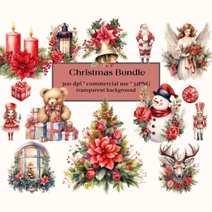 32 Weihnachten PNG Sammlung, Cottagecore Winter Bündel, Clipart Set, Aquarell Sublimationsdesign, gemütlich, Festliche Feiertage, Kartenherstellung, Geschenk