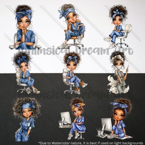 Puede incluir: Una colecci&oacute;n de ilustraciones en acuarela que presentan figuras femeninas estilizadas con uniformes m&eacute;dicos y cintas para la cabeza. Las figuras se representan en varias poses, algunas sentadas en sillas de oficina, otras con herramientas m&eacute;dicas. El texto "*Due to Watercolor nature, it is best if used on light backgrounds" est&aacute; en la parte inferior.