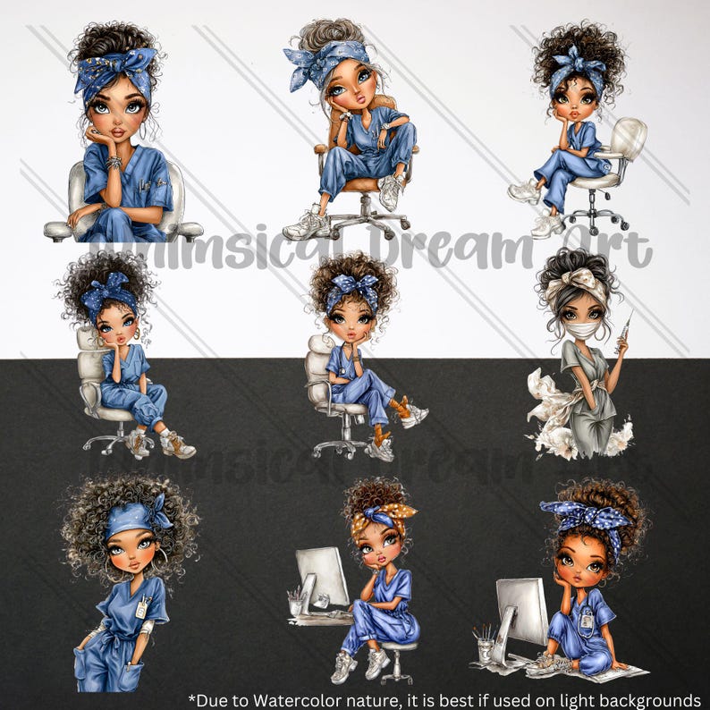 Puede incluir: Una colecci&oacute;n de ilustraciones en acuarela que presentan figuras femeninas estilizadas con uniformes m&eacute;dicos y cintas para la cabeza. Las figuras se representan en varias poses, algunas sentadas en sillas de oficina, otras con herramientas m&eacute;dicas. El texto "*Due to Watercolor nature, it is best if used on light backgrounds" est&aacute; en la parte inferior.