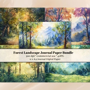 41, papier pour journal paysage forestier, cahier numérique, cliparts aquarelle bois, arbres, art mural, scène de forêt, sentier de randonnée, imprimable, JPG