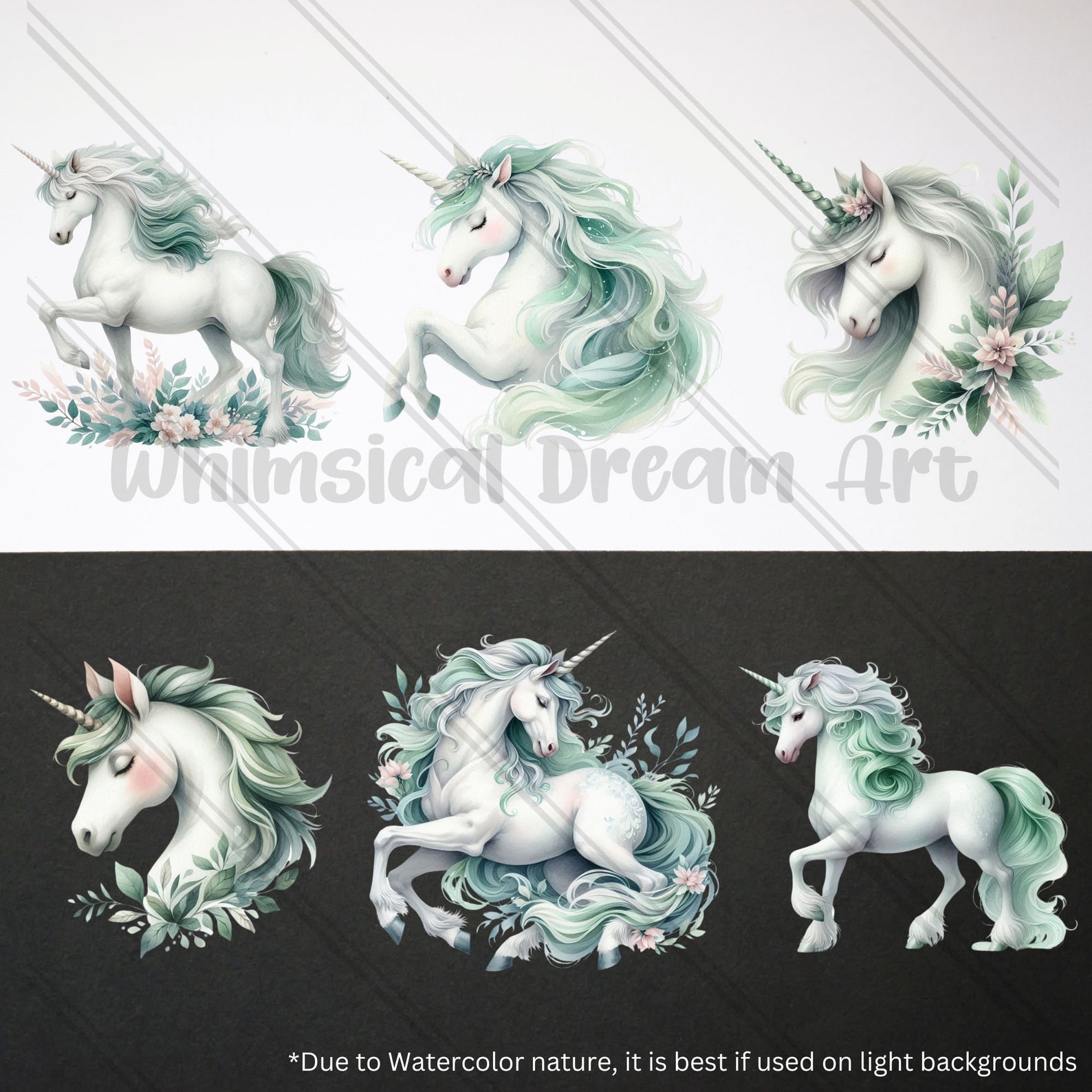12 Watercolor Cute Pastel Unicorn Collection Clipart, Spring Flowers ...