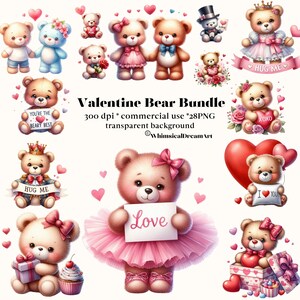 28 Collezione PNG di Teddy Bear di San Valentino, Clipart di San Valentino ad acquerello, Pacchetto PNG di animali romantici, Uso commerciale, Bosco, Orsetto dell'amore
