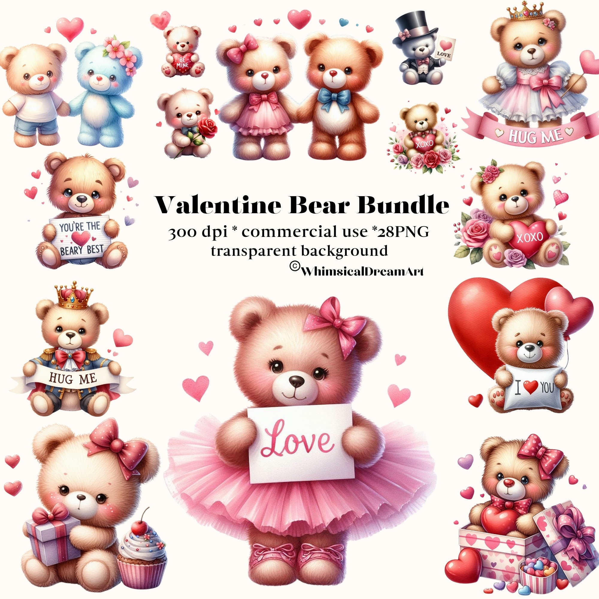 28 Watercolor Valentine Teddy Bear Clipart, Romantic PNG Bundle ...