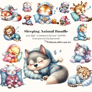 30 cliparts aquarelles de bébés animaux endormis, clipart animal mignon, art mural de chambre d'enfant, décoration de baby shower, imprimable, somnolent, lunatique heure du coucher