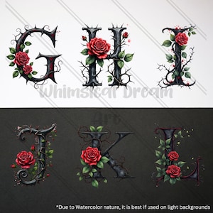 Dark Fantasy Rose Alphabet Clipart, Gothic Floral Letters A to Z Monogram Romantic Botanical Letters Stickers Wedding,Uppercase Alphabet Set image 3