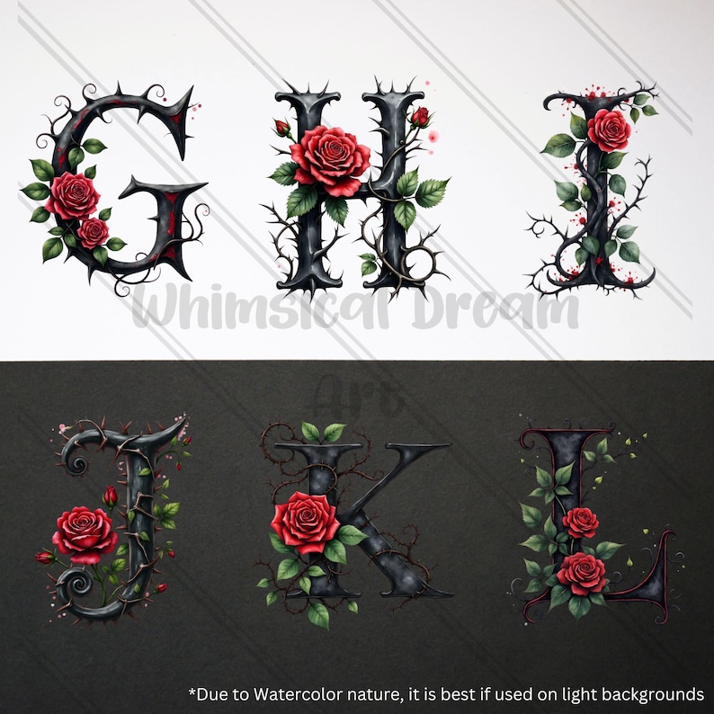 Dark Fantasy Rose Alphabet Clipart, Gothic Floral Letters A to Z Monogram Romantic Botanical Letters Stickers Wedding,Uppercase Alphabet Set image 3