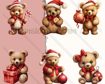 25 Clipart di orsacchiotti di Natale ad acquerello, cartoline di