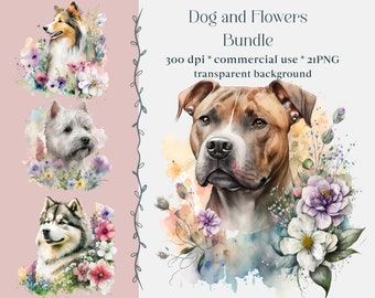 21 Watercolor Dog Clipart Set ,Dog PNG Bundle , Floral Dog, Watercolor Images ,Instant Download & Commercial Use, Corgi, Retriever, bulldog