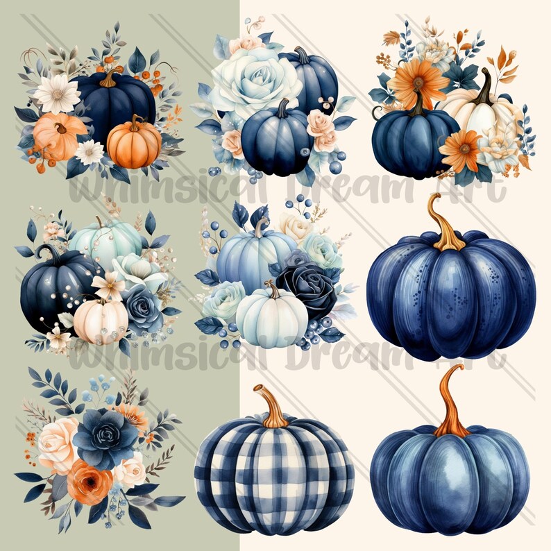 40 Watercolor Blue Fall Clipart, Dry Flowers, Pumpkins Floral Clipart ...