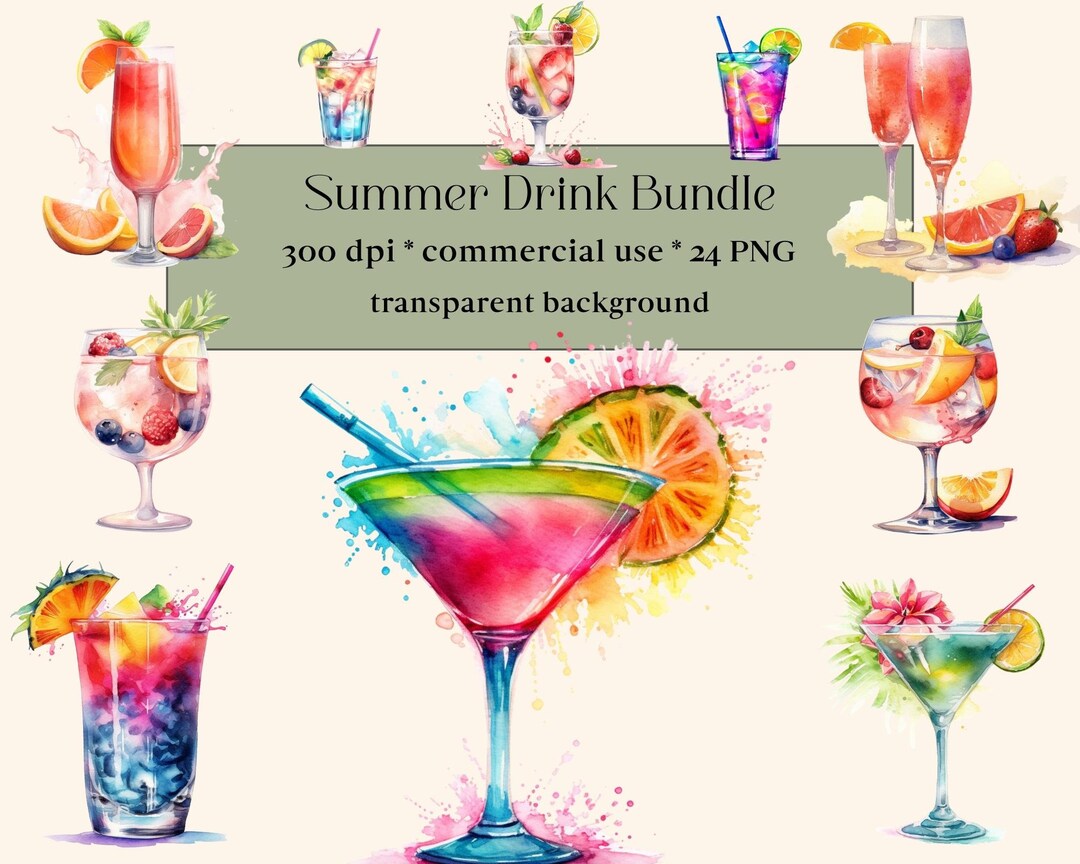 24 Watercolor Summer Cocktails Clipart, Cocktail PNG, Summer Drinks PNG ...