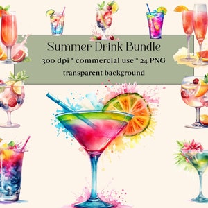 24 imágenes prediseñadas de cócteles de verano de acuarela, cóctel PNG, bebidas de verano PNG, paquete de imágenes prediseñadas de acuarela, Aperol Spritz, Mojito, bebida tropical