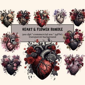 24 PNG Aquarell Gothic Herz & Blumen Clipart, Gothic Blumen Herz, anatomische Valentine Illustrationen, digitale Illustrationen, Aquarell